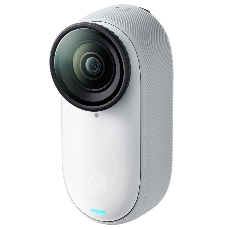 Cámara deportiva Insta 360º GO 3S 64GB Blanco, compacta y vertical, cuerpo blanco texturizado con lente gran angular negro y luz LED frontal azul