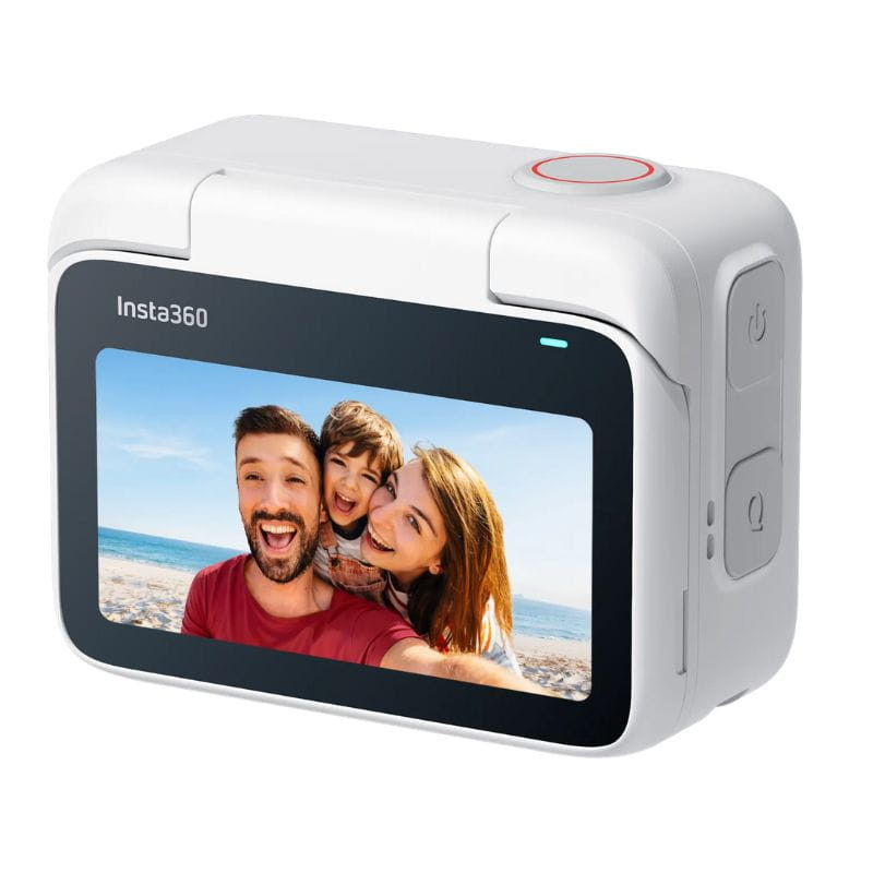 Cámara deportiva Insta 360º GO 3S 64GB Blanco con módulo con pantalla táctil a color frontal, carcasa blanca compacta y botones laterales, diseño portátil