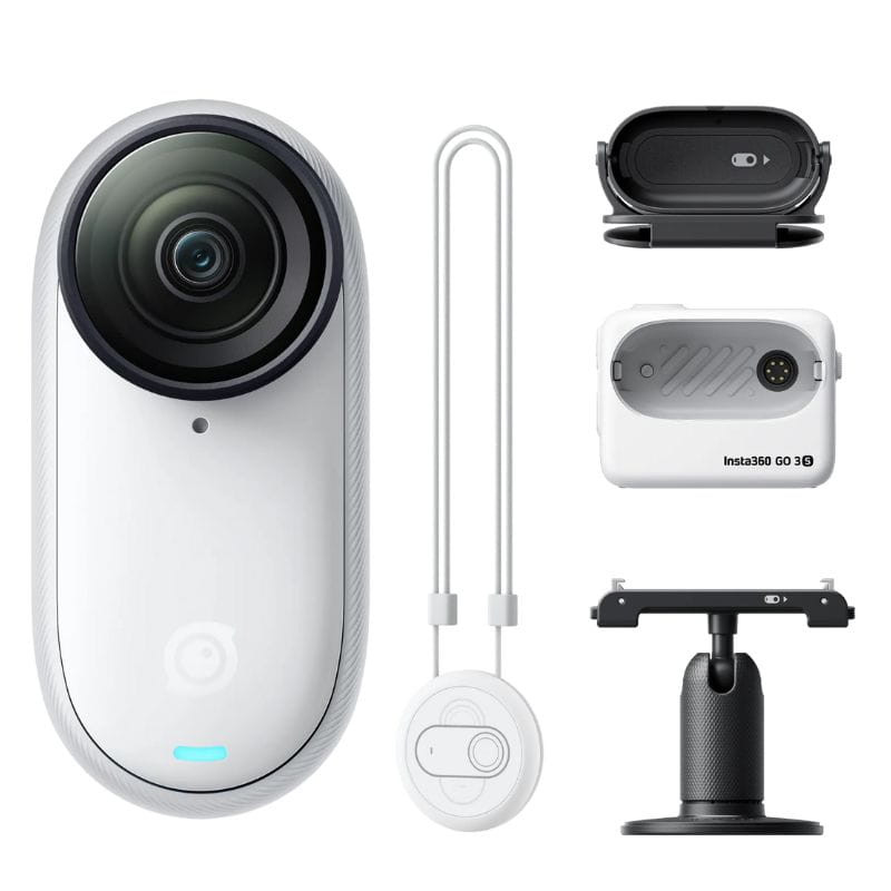 Cámara deportiva Insta 360º GO 3S 64GB blanco con lente gran angular, estuche con pantalla, colgante magnético, control remoto y base de montaje