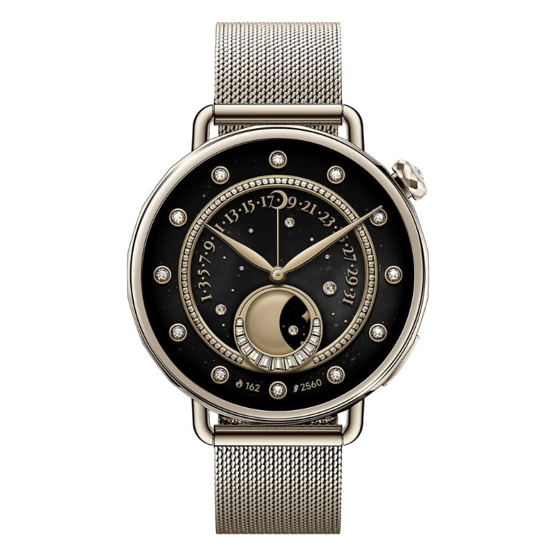 Xiaomi Watch S4 41mm dorado con correa milanesa; caja redonda, bisel pulido y esfera negra con detalles dorados y cristales brillantes estilo lunar