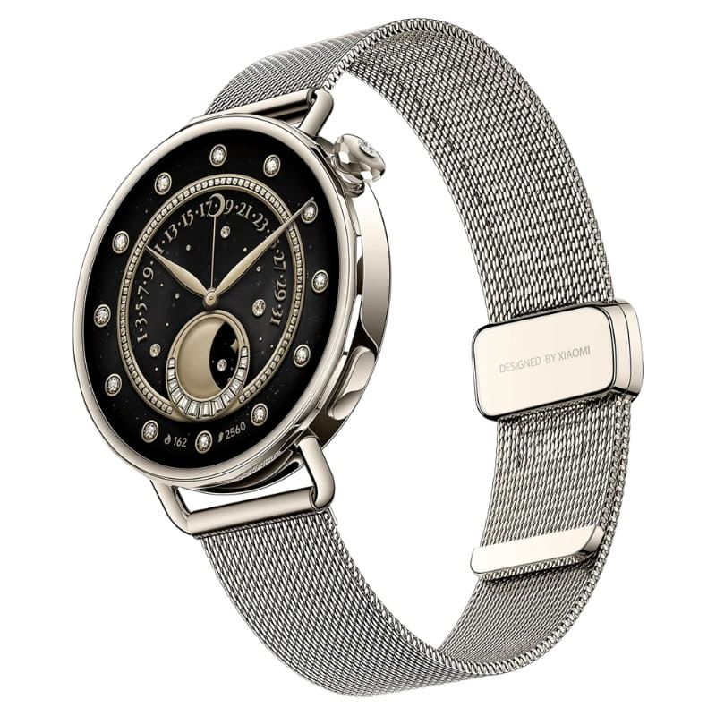 Xiaomi Watch S4 41mm dorado con correa milanesa de acero; caja redonda pulida, esfera negra con índices brillantes y detalle lunar elegante