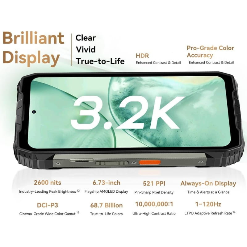 Smartphone robuste noir avec écran large bord à bord, bords renforcés antichoc, boutons latéraux texturés et port protégé, design outdoor 5G XPLORE 2