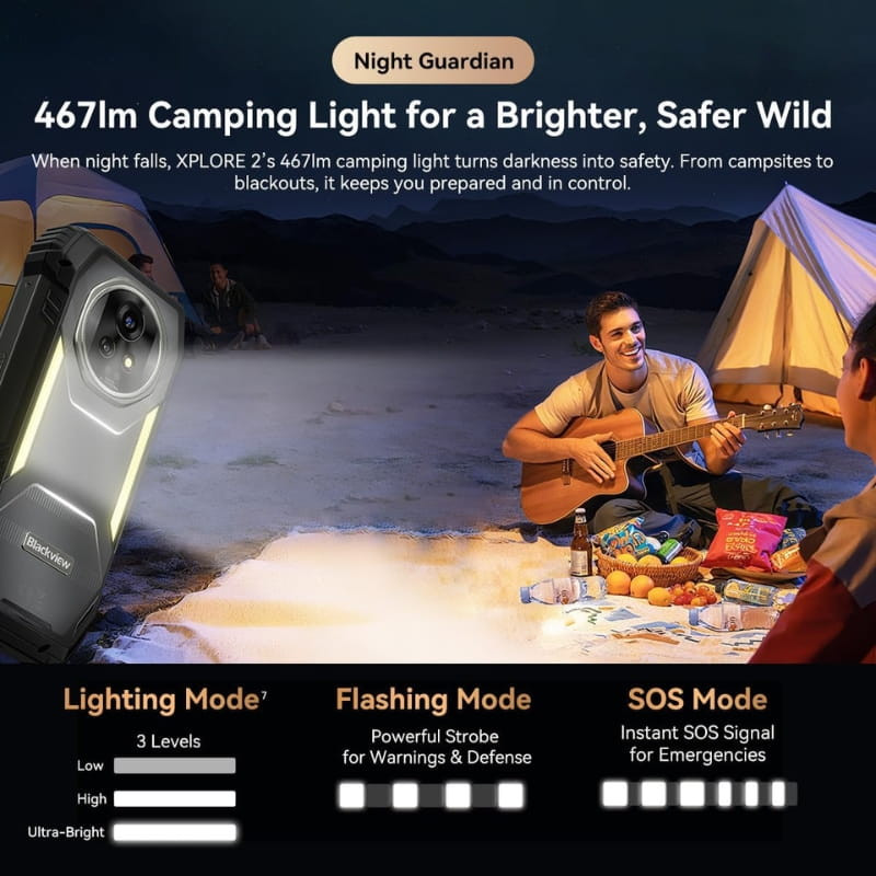 Blackview XPLORE 2 5G Noir robuste avec coque renforcée, bords antichocs, dos texturé, module photo circulaire triple et bandes lumineuses latérales