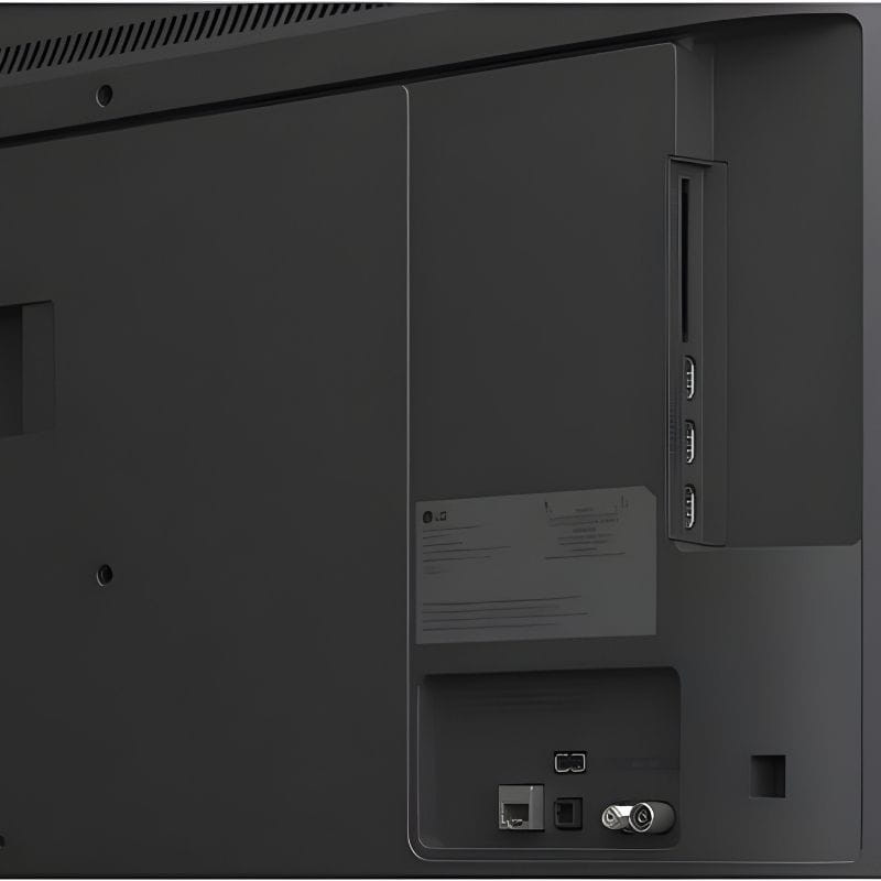 Esquina inferior de Smart TV LG 50" con bisel fino negro y pata en forma de V; diseño minimalista ideal para 4K Ultra HD HDR y WebOS con WiFi.