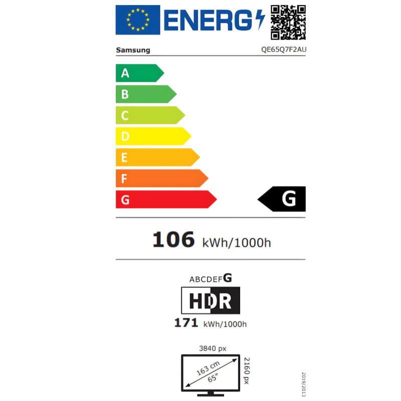 Pantalla QLED de 65 pulgadas con biseles finos, colores vibrantes y alto contraste. Muestra textura detallada en tonos turquesa. Diseño delgado y elegante.