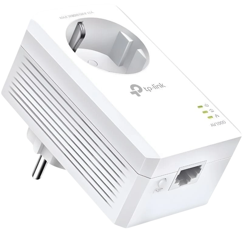 TP-Link TL-PA7017P Kit Adaptateurs CPL AV1000 blancs avec prise intégrée, port Ethernet RJ45, voyants LED d état, design compact à ailettes de ventilation