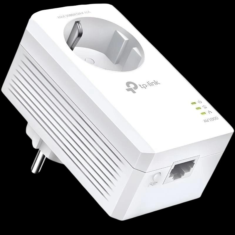 Adaptadores Powerline AV1000 blancos con enchufe passthrough, puerto Ethernet, LEDs de estado y diseño compacto con ranuras de ventilación