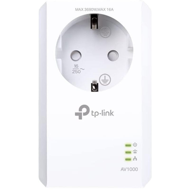 Adaptador Powerline TP-Link TL-PA7017P con enchufe pasante Schuko, puerto Ethernet, indicadores LED y diseño blanco compacto AV1000