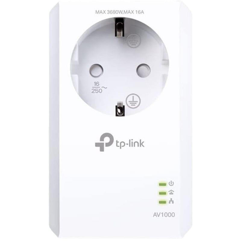 Adaptador Powerline TP-Link TL-PA7017P con enchufe pasante Schuko, puerto Ethernet, indicadores LED y diseño blanco compacto AV1000
