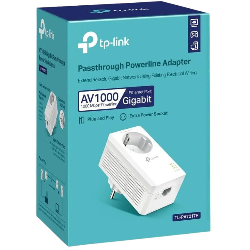 TP-Link TL-PA7017P Kit adaptadores Powerline AV1000 con enchufe passthrough, puerto Ethernet Gigabit, diseño blanco compacto y luces LED de estado