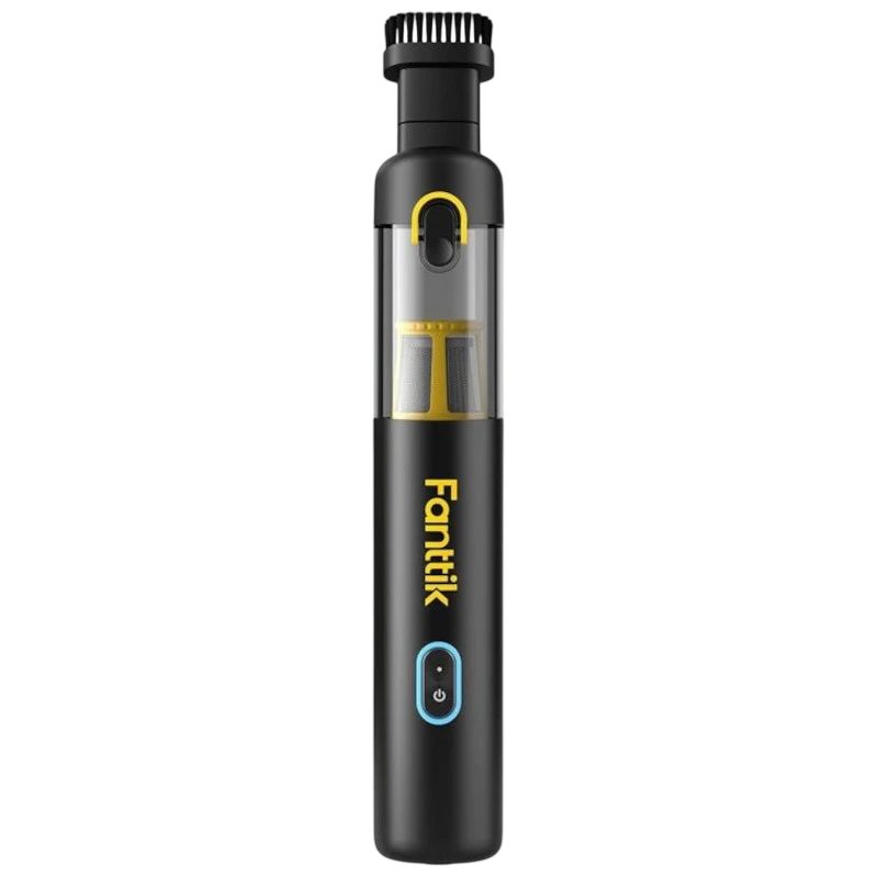 Fanttik V8 Apex aspiradora portátil inalámbrica negra, cuerpo delgado con visor transparente, filtro dual visible y boquilla cepillo integrada en la punta