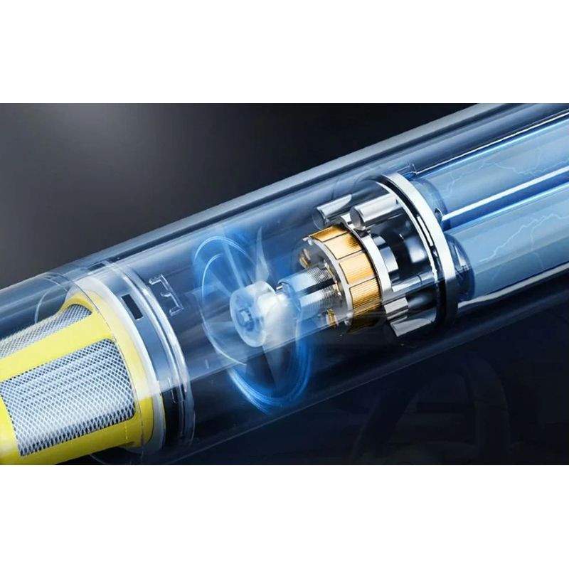 Fanttik V8 Apex – moteur brushless visible, turbine bleue en rotation, filtre cylindrique HEPA, structure transparente illustrant l’aspiration puissante