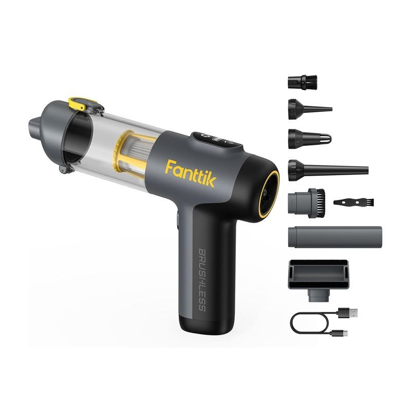 Aspirateur à main noir et jaune compact avec réservoir transparent, écran sur le dessus, multiples embouts inclus, filtre visible, câble USB et brosse plate