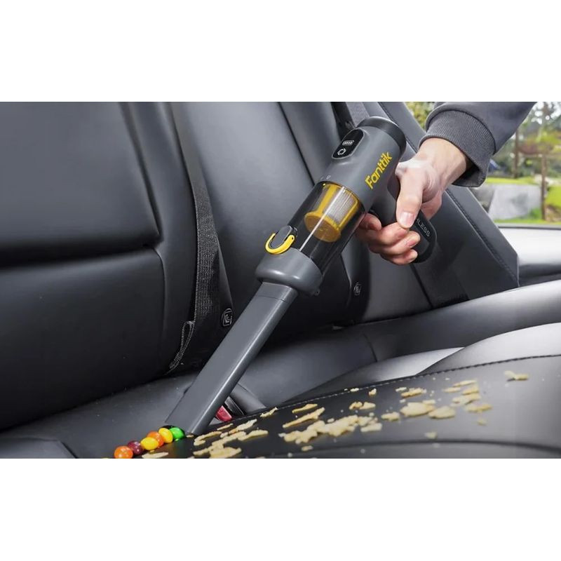 Fanttik Slim V9 Mix Aspirateur à main sans fil avec embout long, corps noir compact, réservoir transparent, aspire miettes et bonbons entre sièges de voiture