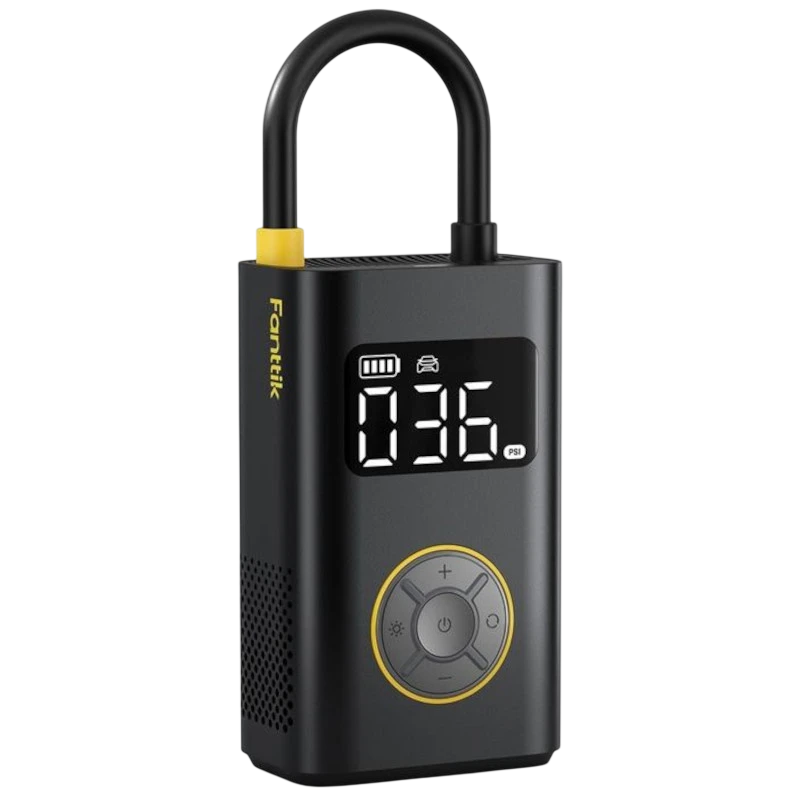 Fanttik X9 Pro - Compresor Portátil con pantalla digital, arco tipo candado, botones circulares, detalles amarillos y cuerpo negro compacto y robusto