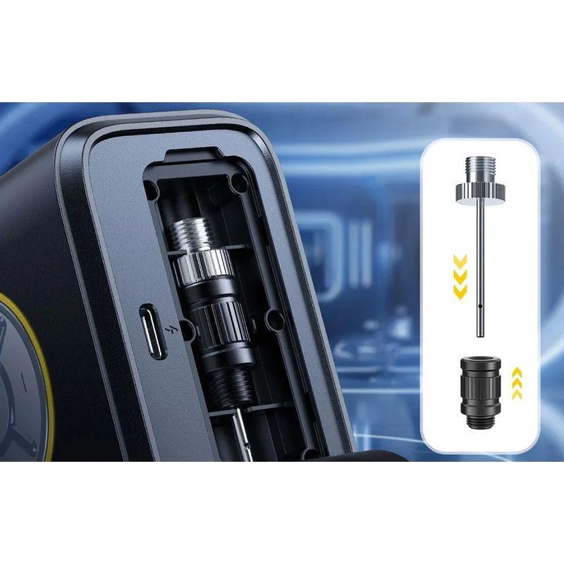 Fanttik X9 Pro - Compresor Portátil con compartimento lateral para boquillas, puerto USB-C y adaptadores metálicos mostrados para inflado versátil