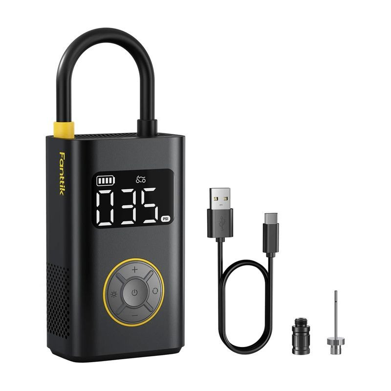 Fanttik X9 Pro - Compresor portátil negro con pantalla digital LED, botón circular de control, asa superior, puerto USB-C, aguja y adaptadores incluidos