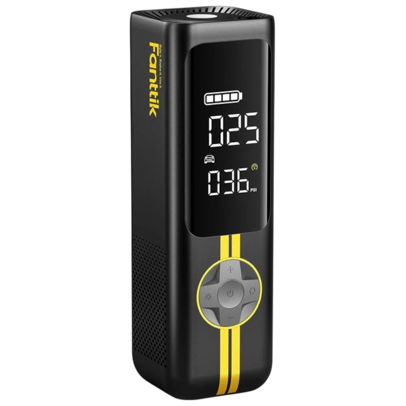 Fanttik X8 Apex - Compresor portátil con pantalla digital, indicadores de batería y PSI, botones de control y diseño negro con franjas amarillas verticales