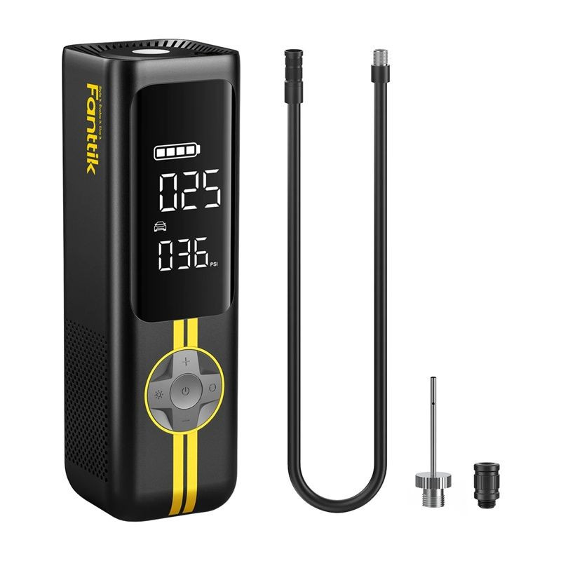 Fanttik X8 Apex - Compresor portátil negro con pantalla LED, franjas amarillas, control circular, manguera flexible y boquillas para inflado múltiple