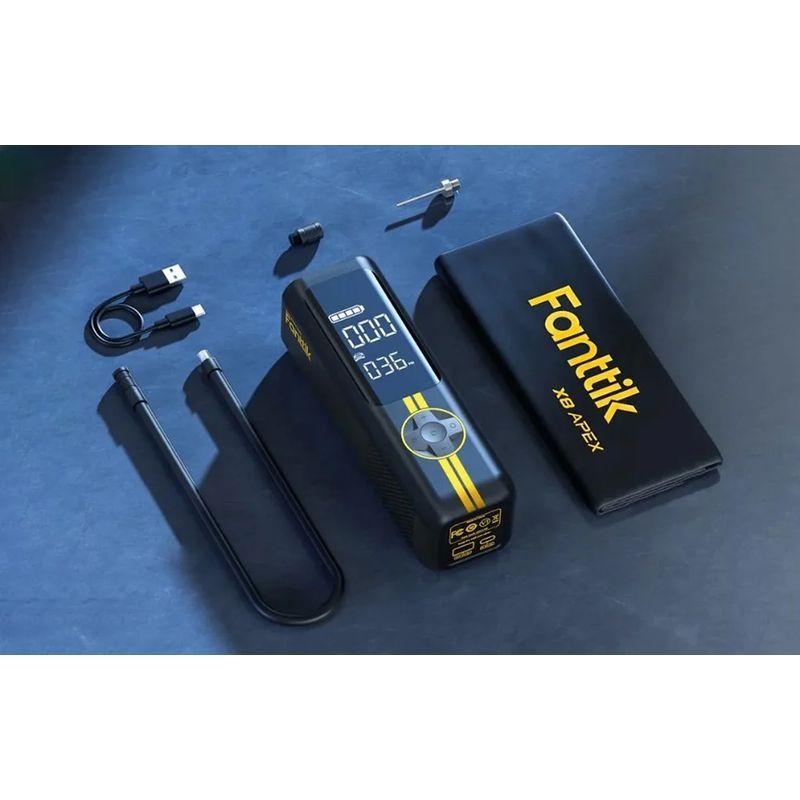 Fanttik X8 Apex - Compresor portátil con pantalla LED, cuerpo negro con franjas amarillas, manguera, boquillas y cable USB; funda incluida para transporte
