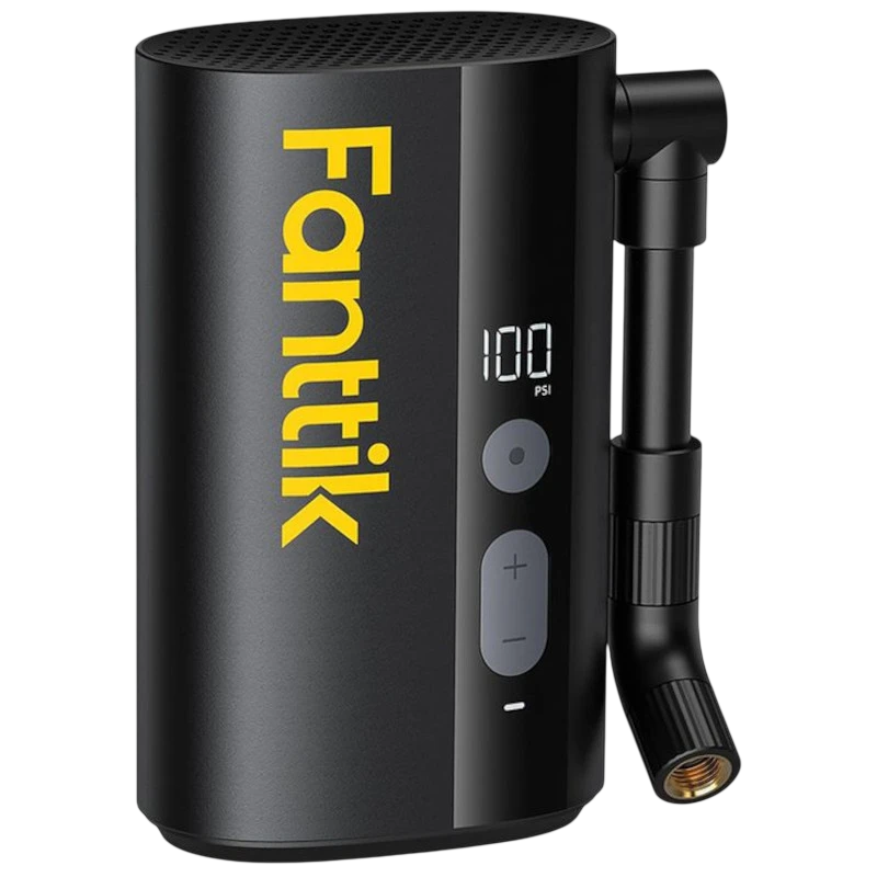 Bomba de bicicleta Fanttik X9 Ace portátil en color negro, pantalla digital 100 PSI, botones + y -, manguera lateral con boquilla roscada y diseño compacto