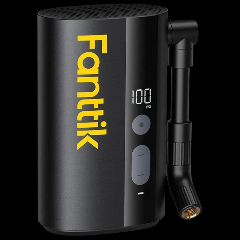Bomba de bicicleta Fanttik X9 Ace portátil en color negro, pantalla digital 100 PSI, botones + y -, manguera lateral con boquilla roscada y diseño compacto