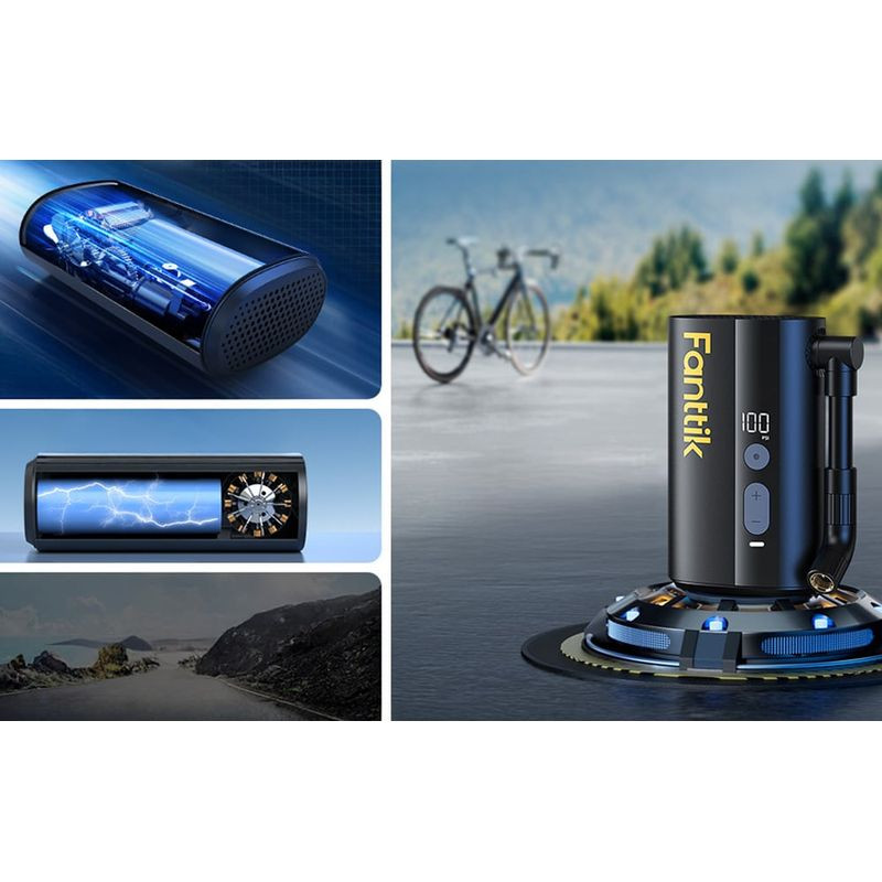 Bomba de bicicleta Fanttik X9 Ace compacta con pantalla LED, manómetro digital, cuerpo negro mate, boquilla lateral y detalles azules futuristas
