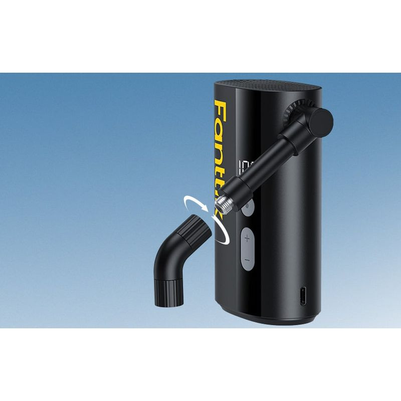 Bomba de bicicleta Fanttik X9 Ace negra compacta con pantalla digital, botones + y -, manguera flexible con boquilla roscada y puerto USB-C en la base