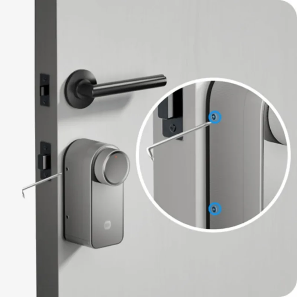 Xiaomi Self-Install Smart Lock con teclado: cerradura inteligente plateada para puerta, perilla giratoria, instalación sencilla con tornillos señalados en