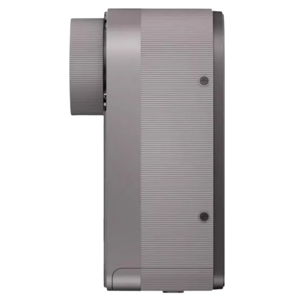 Cerradura inteligente Xiaomi autopropulsada en acabado gris, vista lateral del módulo con perilla cilíndrica y cuerpo estriado, diseño compacto y robusto