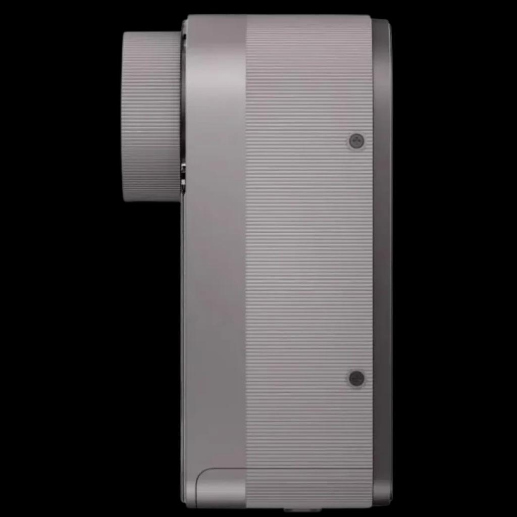 Cerradura inteligente Xiaomi autopropulsada en acabado gris, vista lateral del módulo con perilla cilíndrica y cuerpo estriado, diseño compacto y robusto