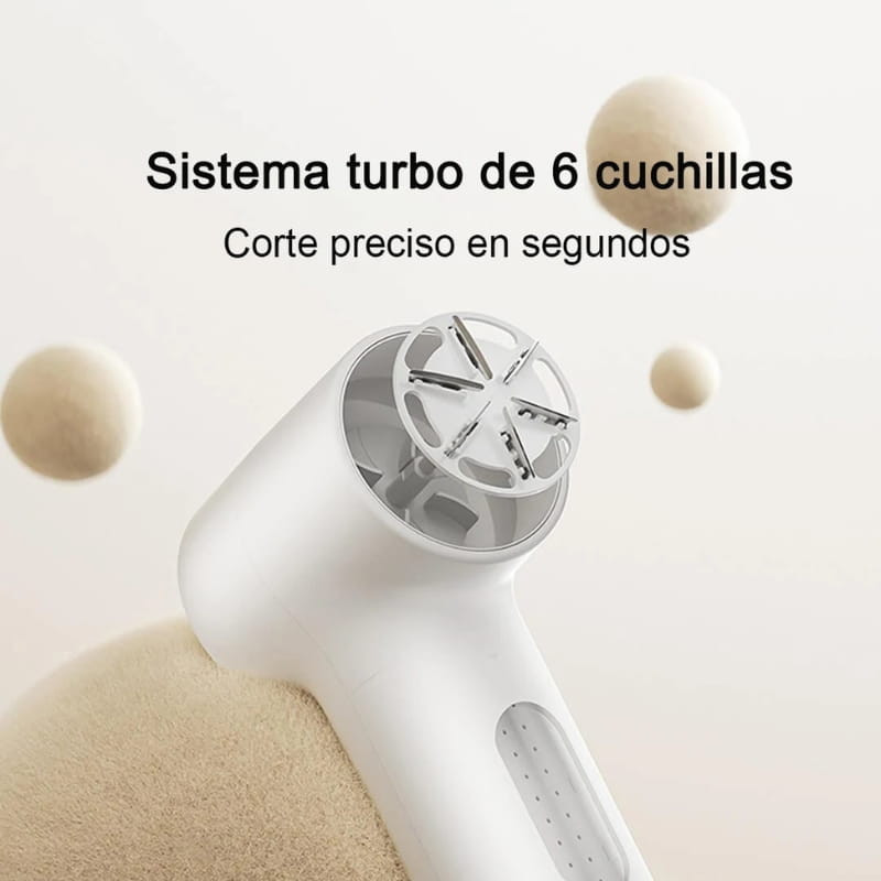 Xiaomi Mijia Lint Remover 2 con sistema turbo de 6 cuchillas, cabezal metálico visible y mango ergonómico para retirar pelusas con precisión