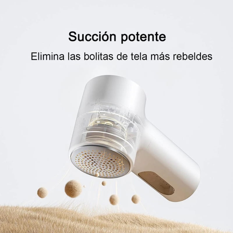 Xiaomi Mijia Lint Remover 2 en blanco, cuerpo minimalista, cabezal metálico perforado y depósito transparente; succión potente para quitar pelusas y bolas