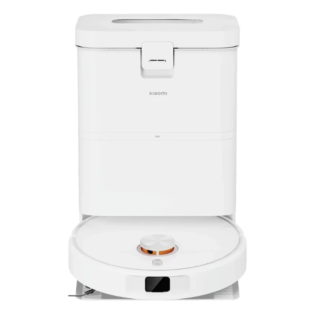 Xiaomi Robot Vacuum H50 con base de autolimpieza en color blanco, base rectangular con tapa frontal y robot circular con sensor láser superior