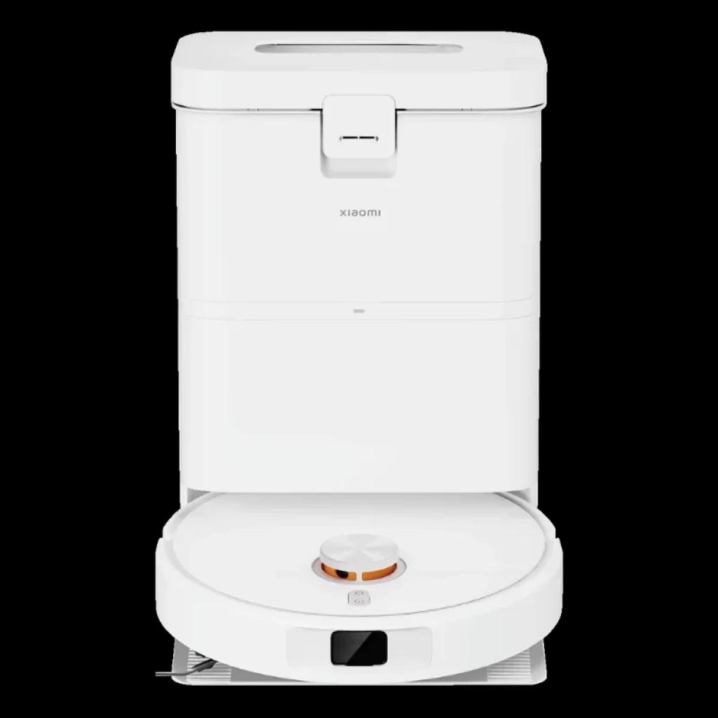 Xiaomi Robot Vacuum H50 con base de autolimpieza en color blanco, base rectangular con tapa frontal y robot circular con sensor láser superior