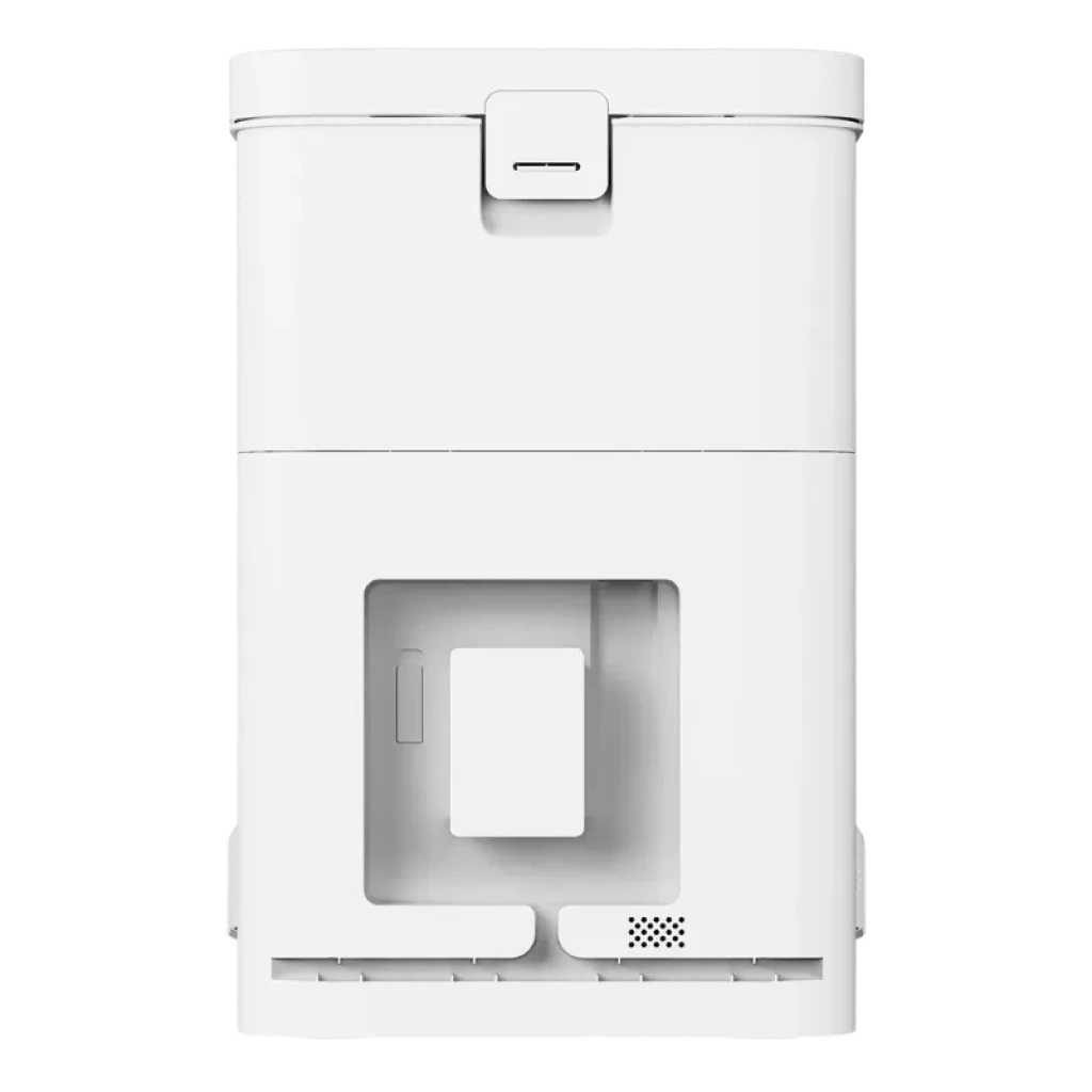 Base de autolimpieza blanca para Xiaomi Robot Vacuum H50, diseño rectangular minimalista con compuerta superior, ventana frontal y rejilla de ventilación