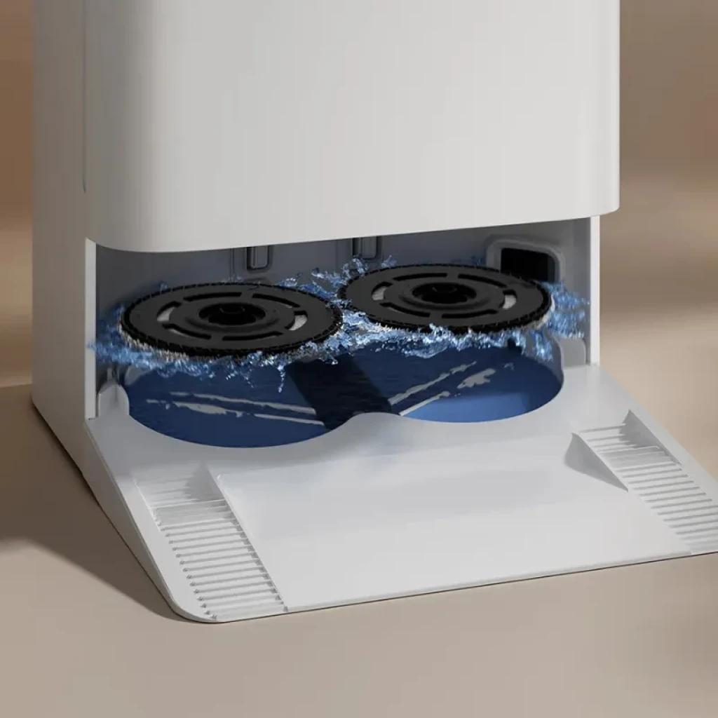 Base de autolimpieza del Xiaomi Robot Vacuum H50 con dos mopas giratorias, lavado con agua en compartimento inferior y rampa antisalpicaduras blanca