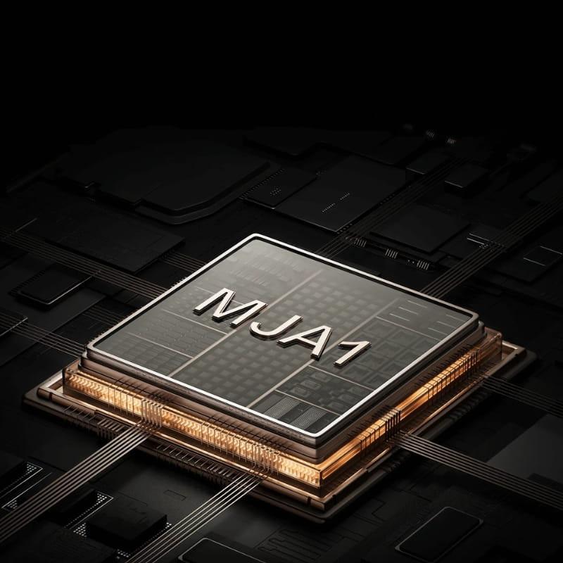 Chip MJA1 de la Xiaomi Smart Camera C500 6MP 3,5K WiFi 6 con diseño metálico, bordes iluminados y pistas de circuito, destaca potencia y conectividad