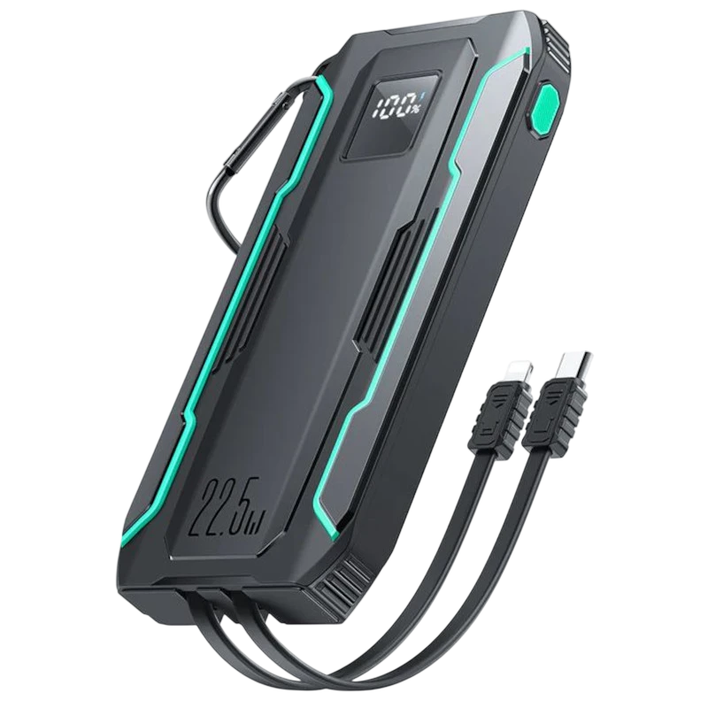 Powerbank Joyroom JR-L017 10000mAh com cabos Lightning e USB-C integrados, display LED de bateria, design robusto preto com detalhes verdes e botão lateral