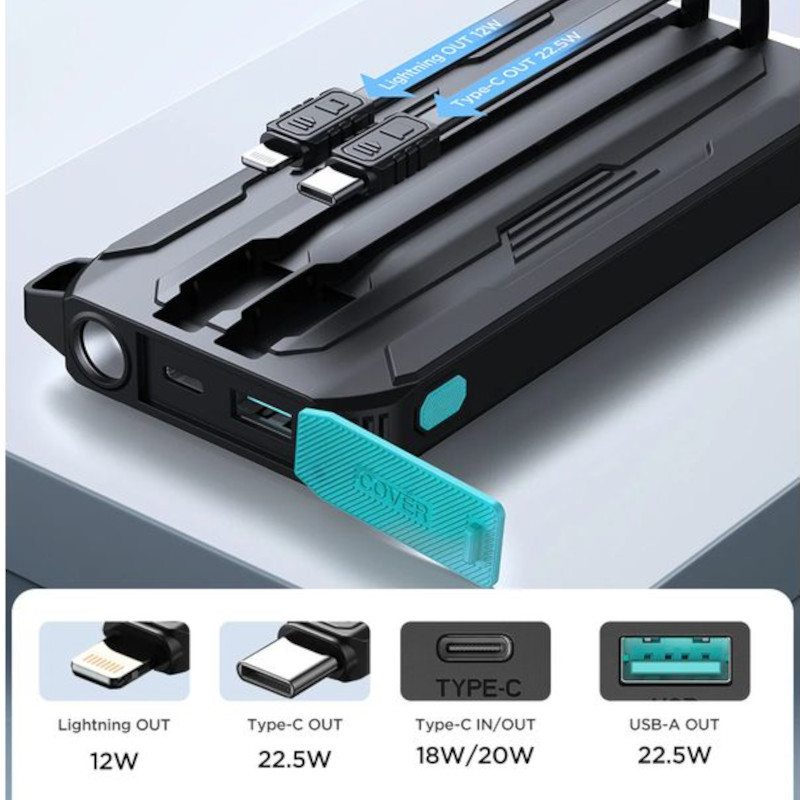 Joyroom JR-L017 10000mAh powerbank con cables integrados Lightning y USB-C, puertos USB-A y Type-C, indicador LED, tapa protectora y salida hasta 22.5W