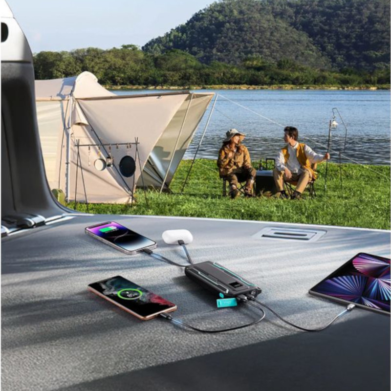 Joyroom JR-L017 10000mAh Lightning + USB-C Powerbank compacto con pantalla, múltiples puertos y cables integrados, carga varios dispositivos a la vez