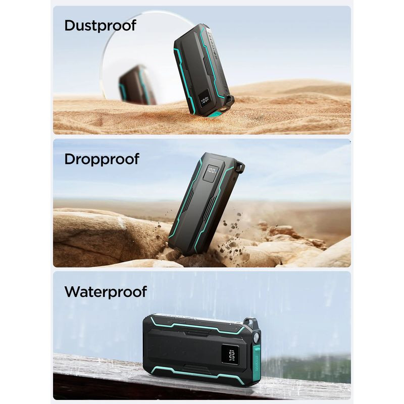 Joyroom JR-L017 10000mAh Lightning + USB-C, powerbank robusto con carcasa negra y detalles turquesa, pantalla LED, resistente al polvo, caídas y agua