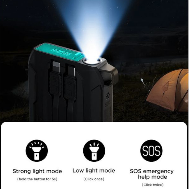 Joyroom JR-L017 10000mAh Lightning + USB-C - Powerbank con linterna LED, modos luz fuerte, baja y SOS, diseño robusto, puertos duales y botón superior