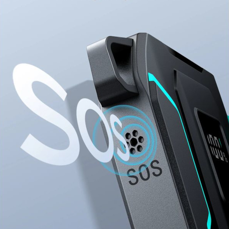 Joyroom JR-L017 10000mAh Lightning + USB-C powerbank con luz SOS, bordes con acentos LED turquesa y clip robusto; diseño negro con rejilla de altavoz