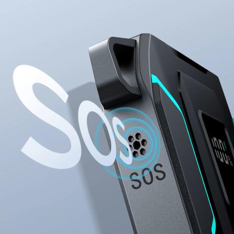 Joyroom JR-L017 10000mAh Lightning + USB-C powerbank con luz SOS, bordes con acentos LED turquesa y clip robusto; diseño negro con rejilla de altavoz