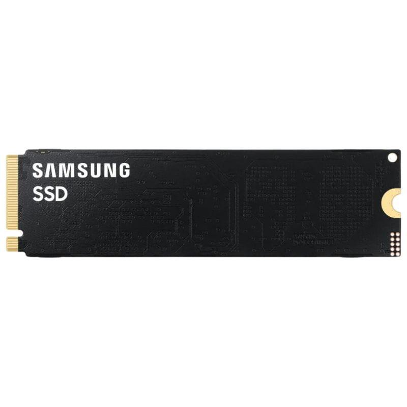 SSD M.2 NVMe Samsung preto, formato 2280, conector dourado PCIe à esquerda, placa lisa sem dissipador, design minimalista e compacto para alto desempenho