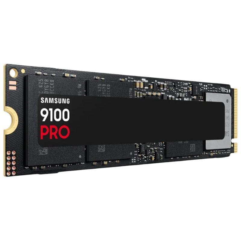 SSD NVMe M.2 Samsung 9100 Pro 1 TB, formato compacto, placa preta com etiqueta 9100 PRO, conector M.2 exposto e chips visíveis PCIe 5.0