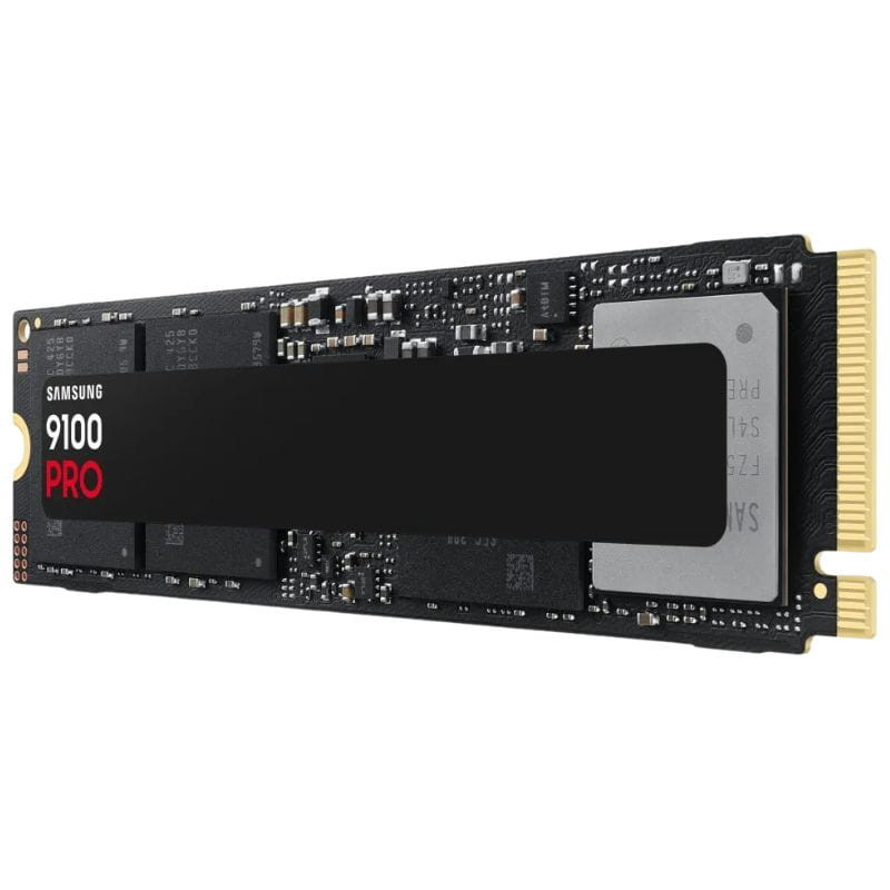 SSD M.2 NVMe Samsung 9100 Pro 1 TB em placa preta, etiqueta central preta com texto 9100 Pro em vermelho, conector dourado PCIe 5.0 à direita