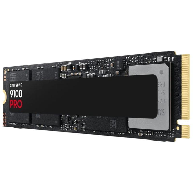 SSD M.2 NVMe Samsung 9100 Pro 1 TB em placa preta, etiqueta central preta com texto 9100 Pro em vermelho, conector dourado PCIe 5.0 à direita