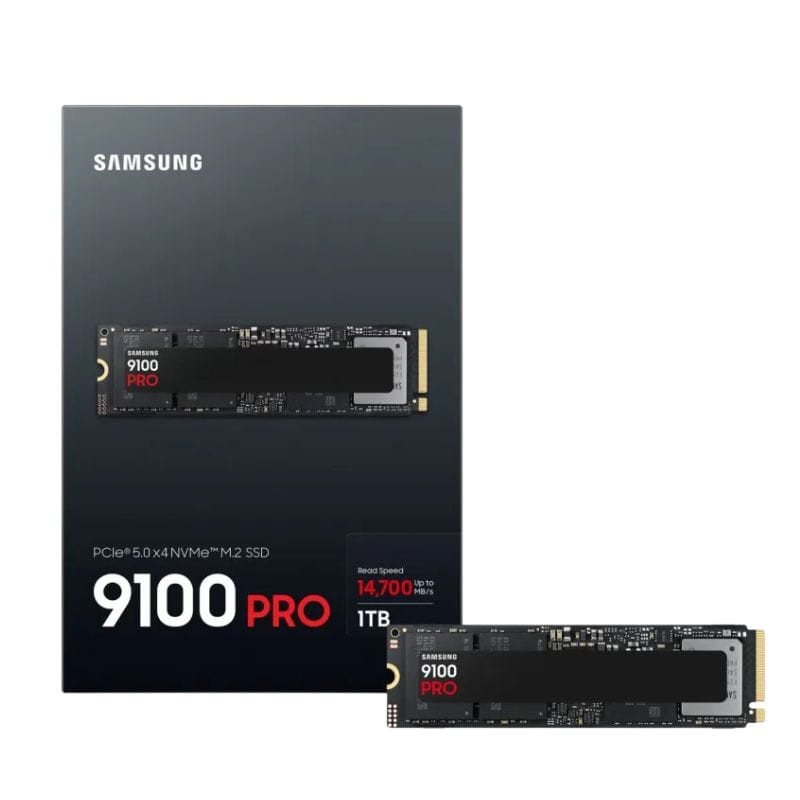 Disco rígido SSD 1 TB Samsung 9100 Pro MZ-VAP1T0 PCIe 5.0 NVMe M.2 com placa preta compacta e etiqueta preta, embalagem destacando velocidade 14.700 MB/s